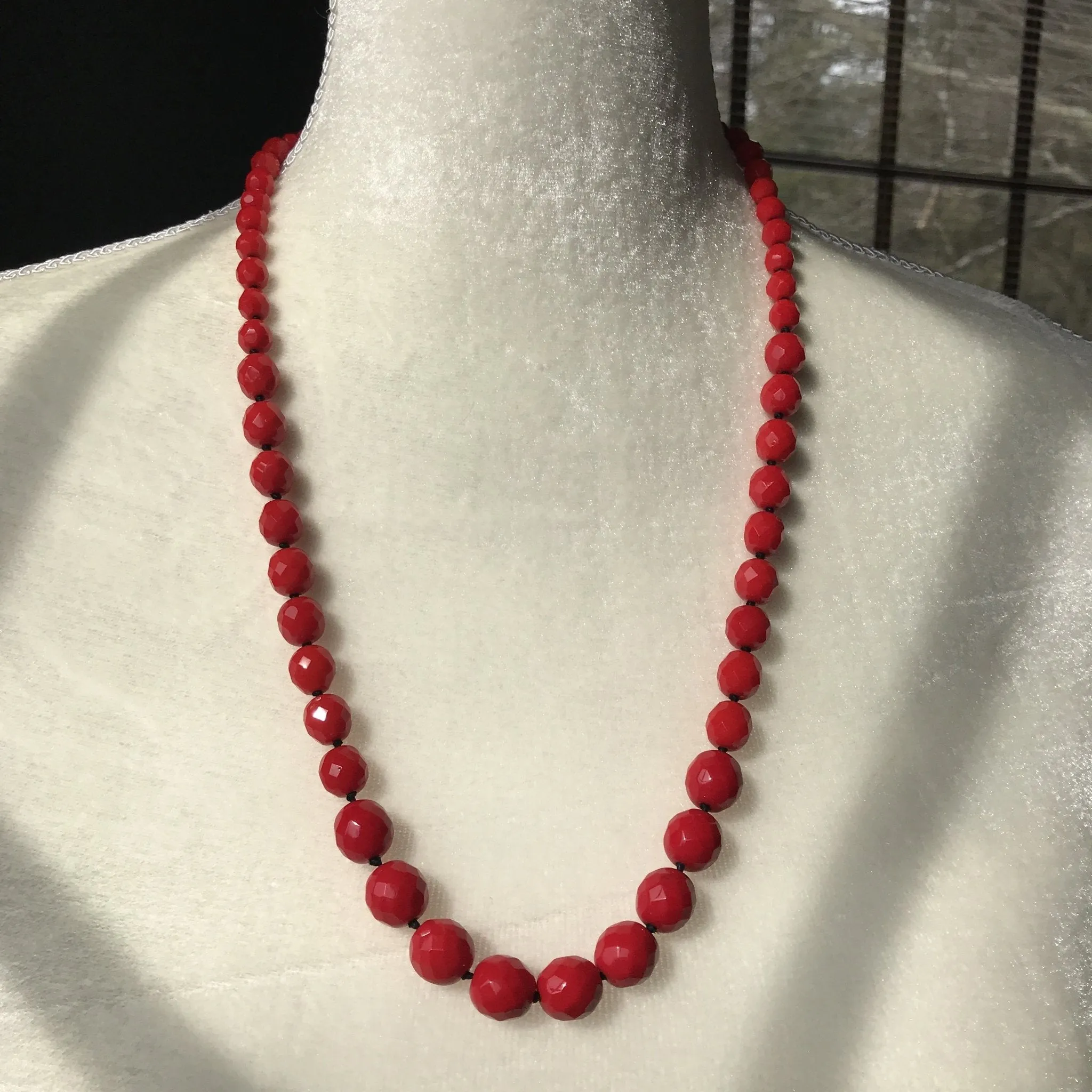 Vintage Red Glass Beaded Necklace and Earring Set by Hattie Carnegie.