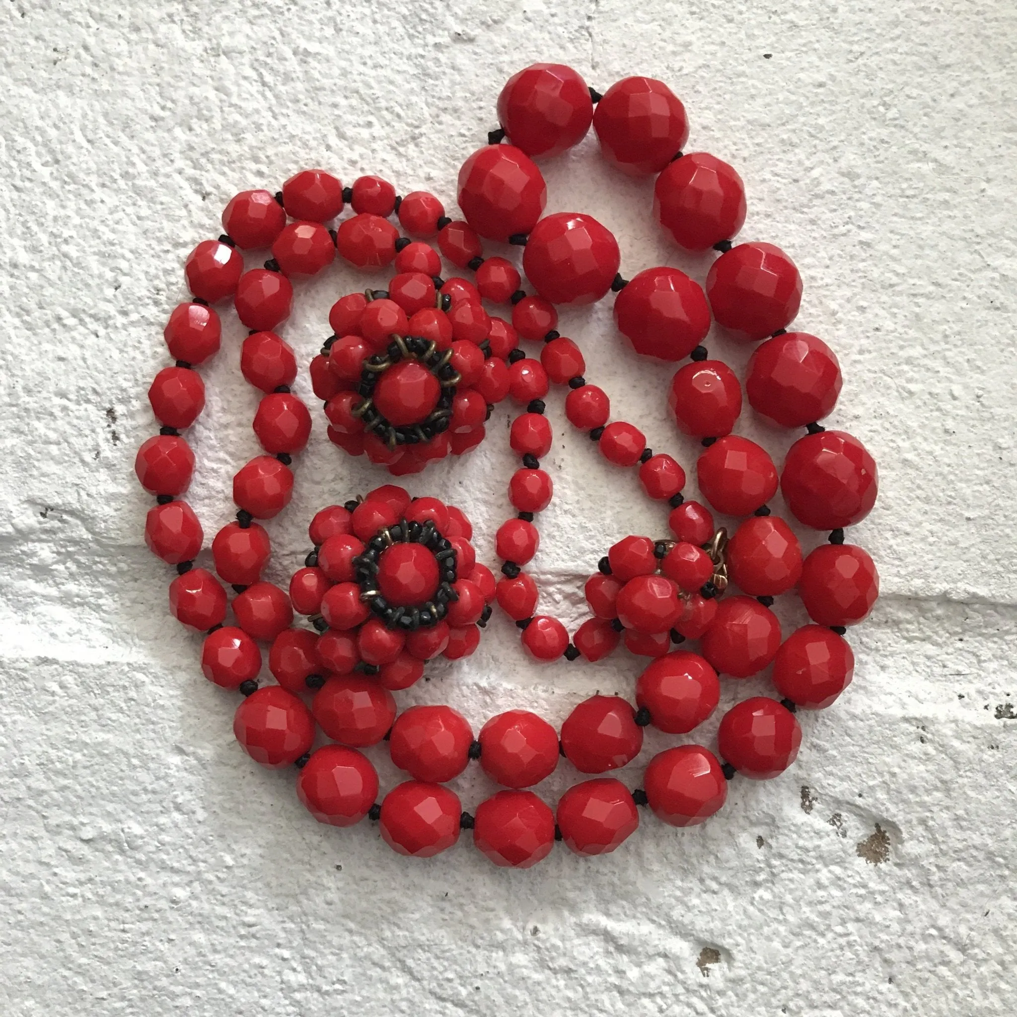 Vintage Red Glass Beaded Necklace and Earring Set by Hattie Carnegie.