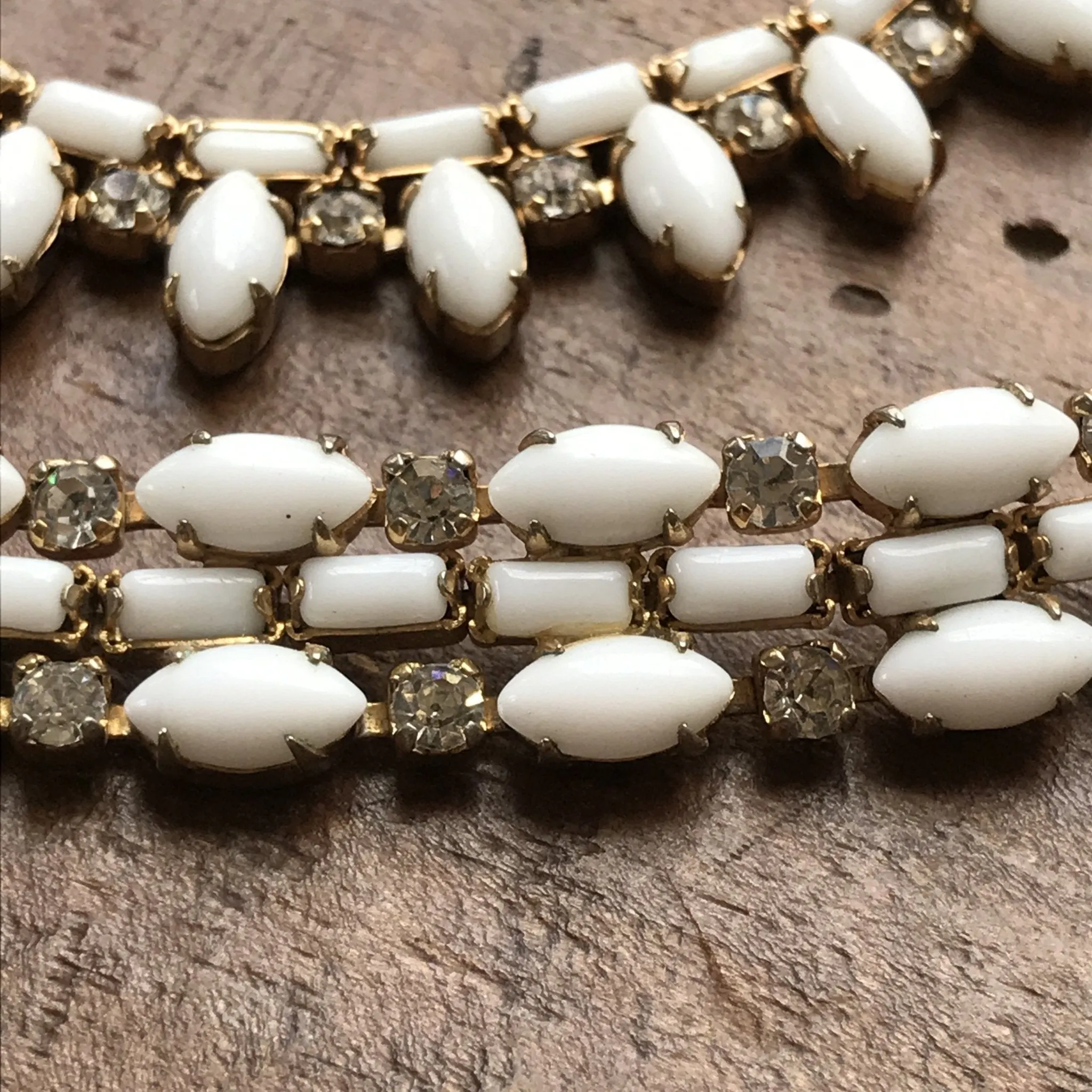 Vintage Milk Glass and Rhinestone Necklace and Bracelet set by Hattie Carnegie.