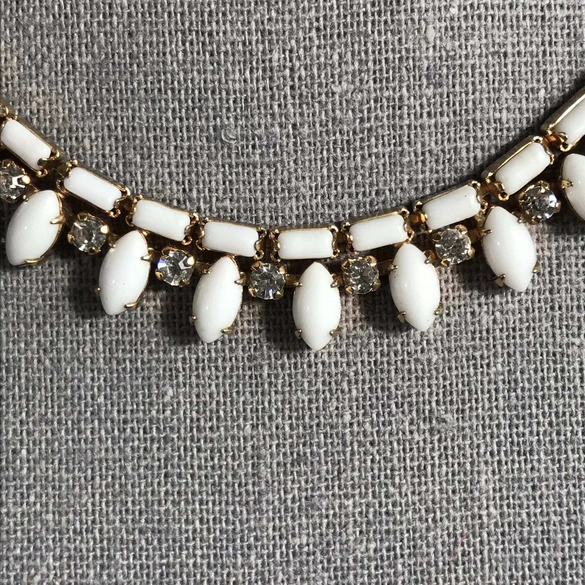 Vintage Milk Glass and Rhinestone Necklace and Bracelet set by Hattie Carnegie.