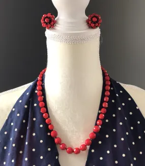 Vintage Red Glass Beaded Necklace and Earring Set by Hattie Carnegie.