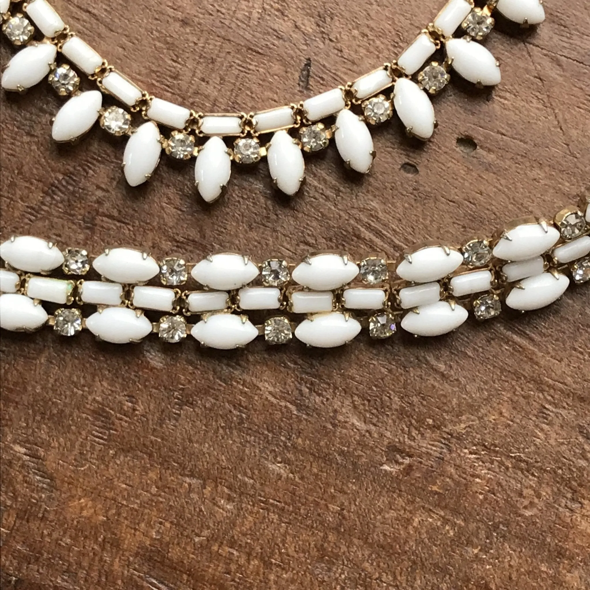 Vintage Milk Glass and Rhinestone Necklace and Bracelet set by Hattie Carnegie.