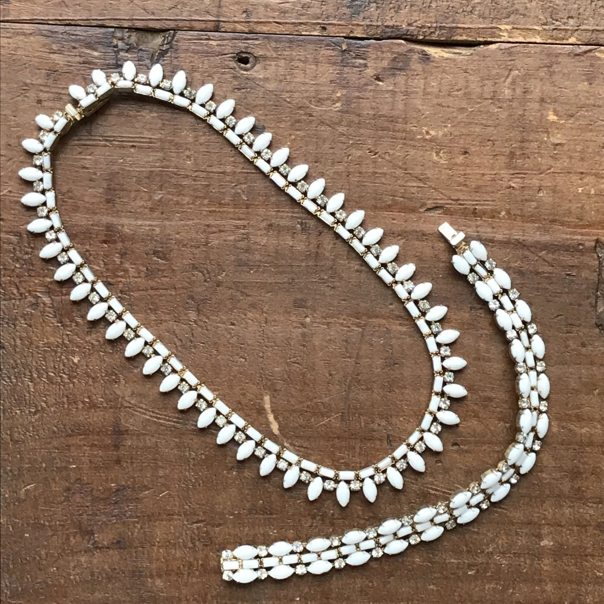 Vintage Milk Glass and Rhinestone Necklace and Bracelet set by Hattie Carnegie.