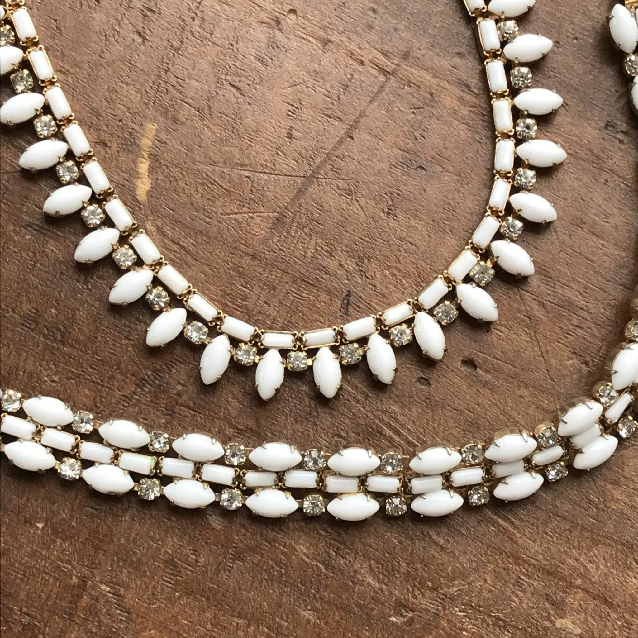 Vintage Milk Glass and Rhinestone Necklace and Bracelet set by Hattie Carnegie.