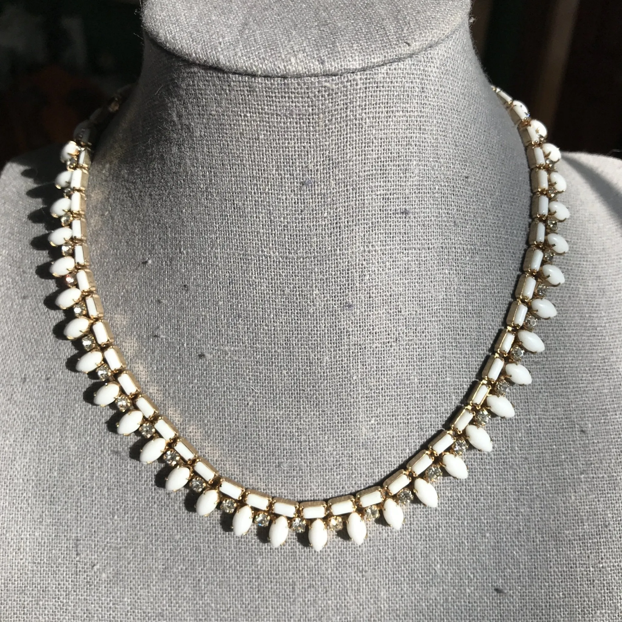 Vintage Milk Glass and Rhinestone Necklace and Bracelet set by Hattie Carnegie.