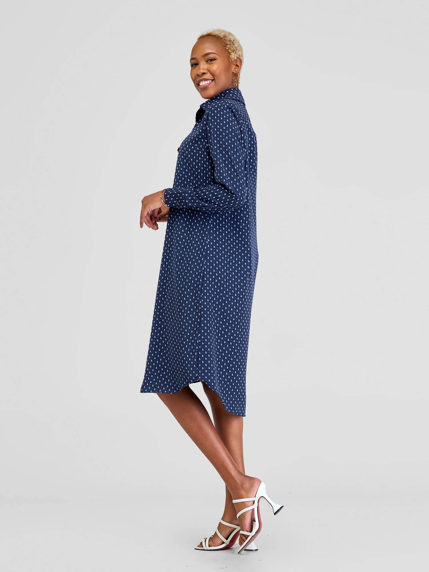 Vivo Yumi Long Sleeve Shirt Dress - Light Navy Print