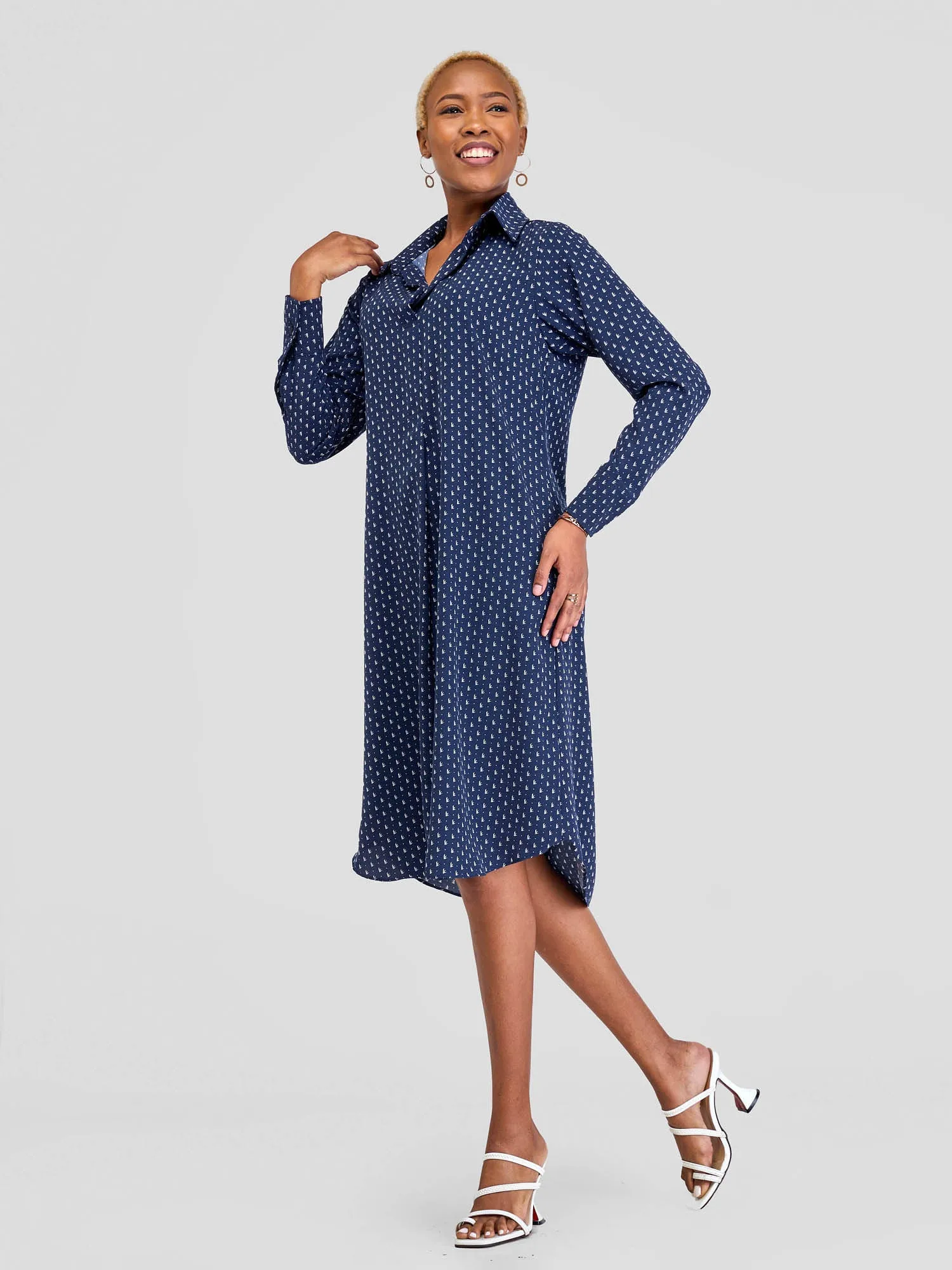 Vivo Yumi Long Sleeve Shirt Dress - Light Navy Print