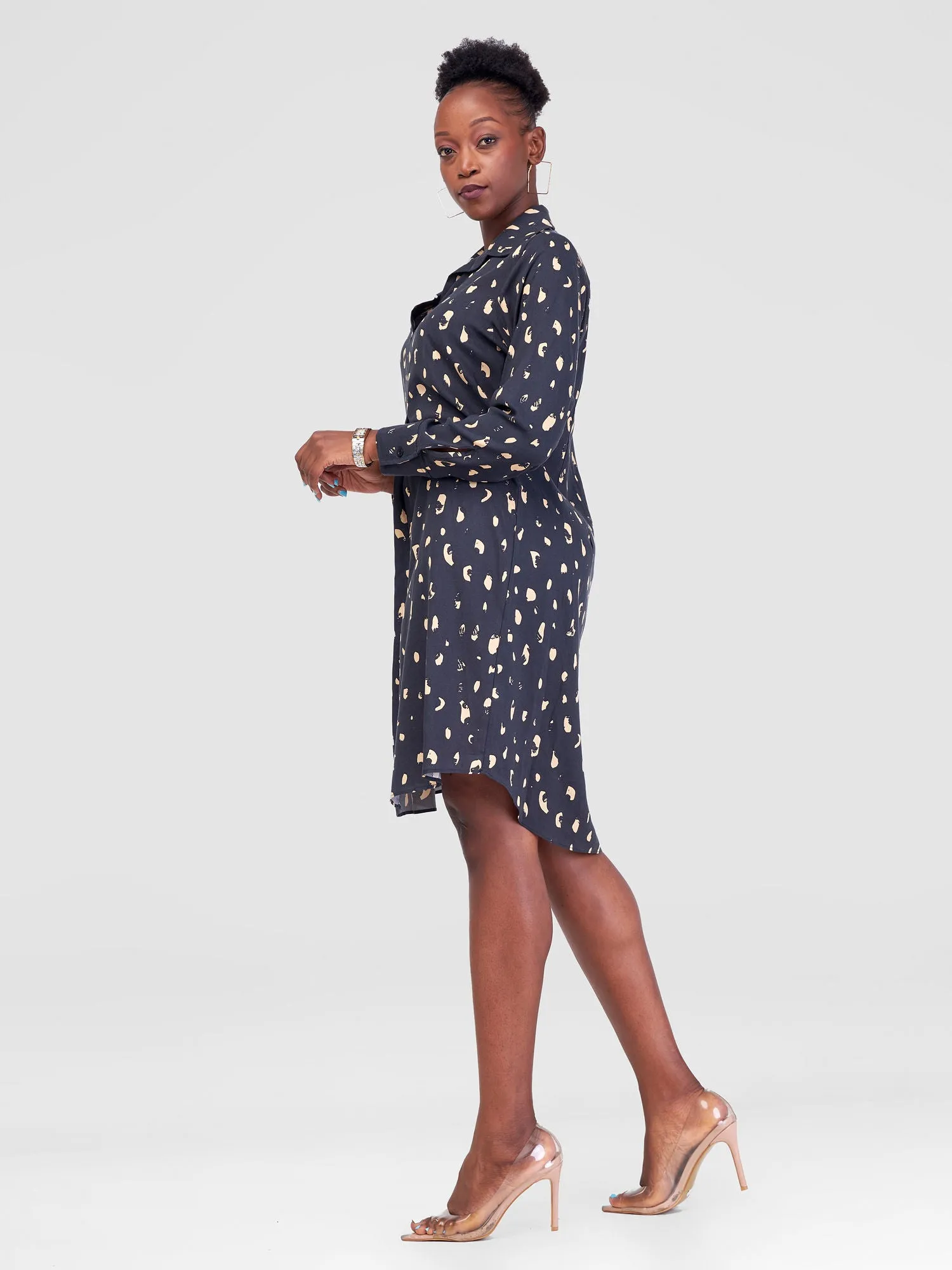 Vivo Yumi Long Sleeve Shirt Dress - Black / Taupe Print