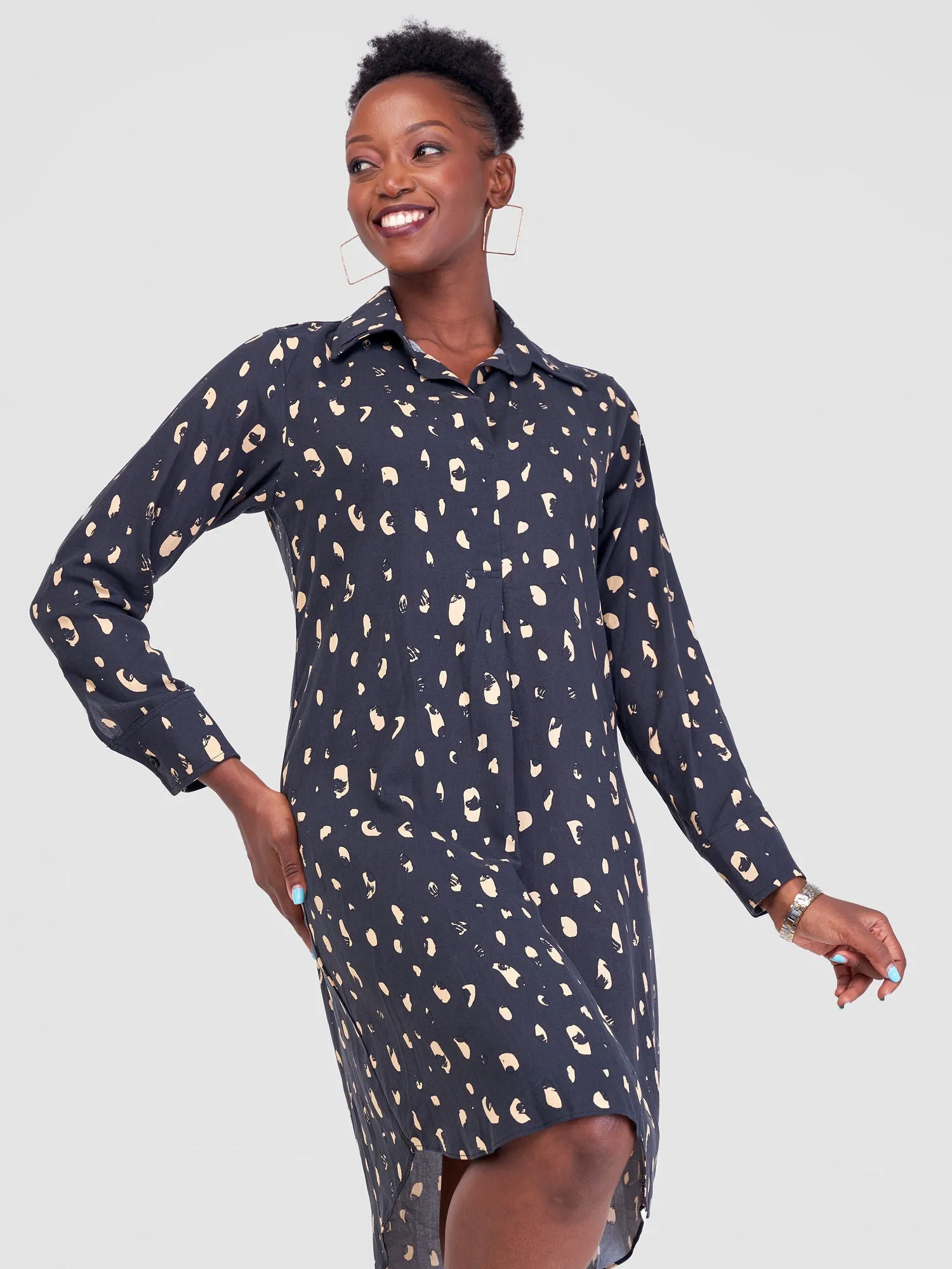 Vivo Yumi Long Sleeve Shirt Dress - Black / Taupe Print