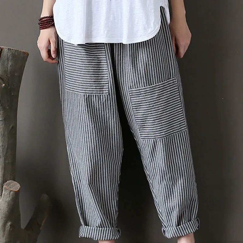 Women Stripe Elastic Waist Casual Loose Harem Pants