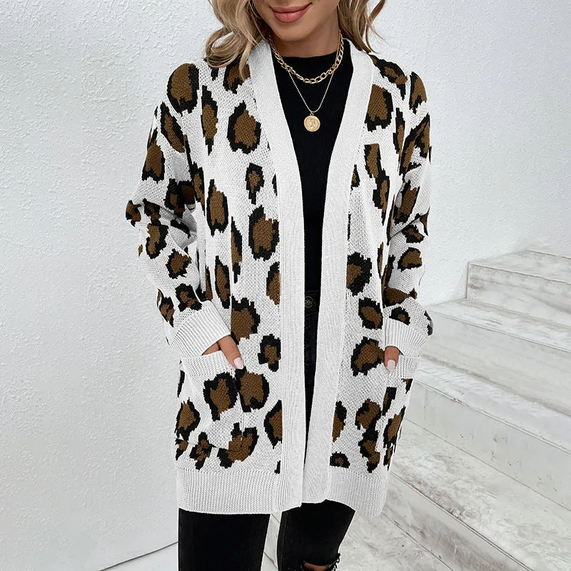 Women's Cardigans Kniting Leopard Patterns Long Sleeves Pockets