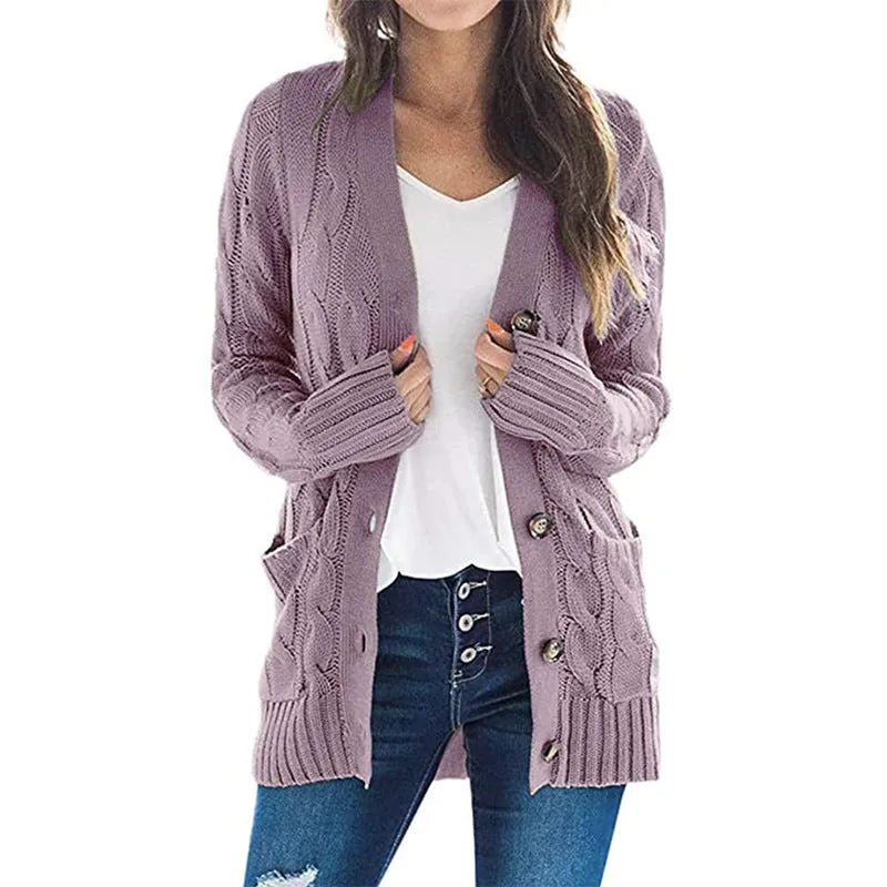 Women's Cardigans Kniting Plain Twist Buttons Pockets Long Sleeves