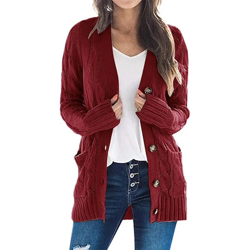 Women's Cardigans Kniting Plain Twist Buttons Pockets Long Sleeves