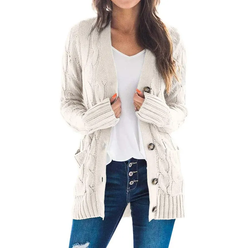 Women's Cardigans Kniting Plain Twist Buttons Pockets Long Sleeves