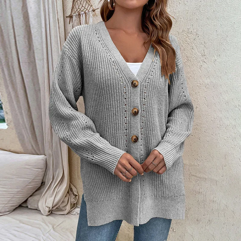 Women's Cardigans Kniting Plain Cuts Buttons Long Sleeves