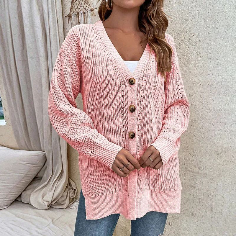 Women's Cardigans Kniting Plain Cuts Buttons Long Sleeves