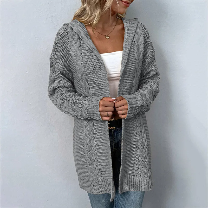 Women's Cardigans Kniting Plain Hoods Twist Long Sleeves