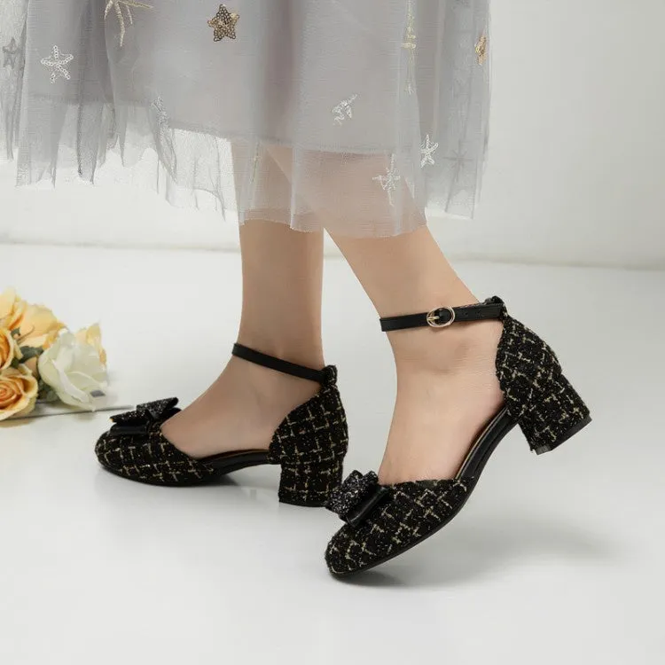 Women's Ankle Strap Bow Pumps Chunky Heels Shoes