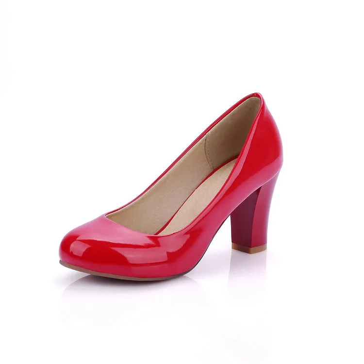 Women's Patent Leather Block Heels Pumps