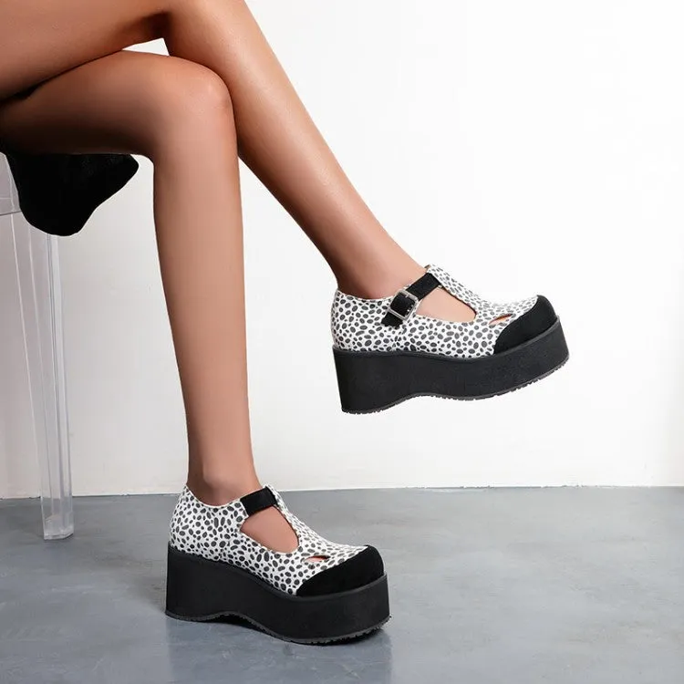 Women's T Strap Printed Platform Wedge Heels Shoes