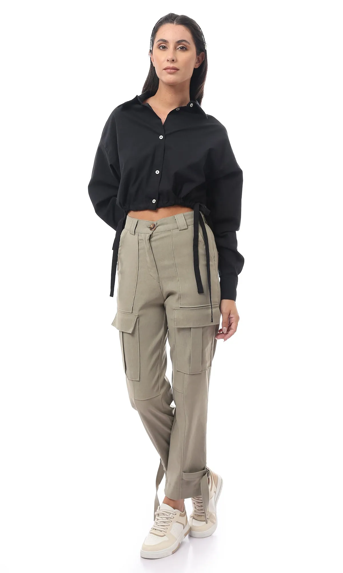 O168795 Olive Green Casual All Seasons Buttoned Trousers