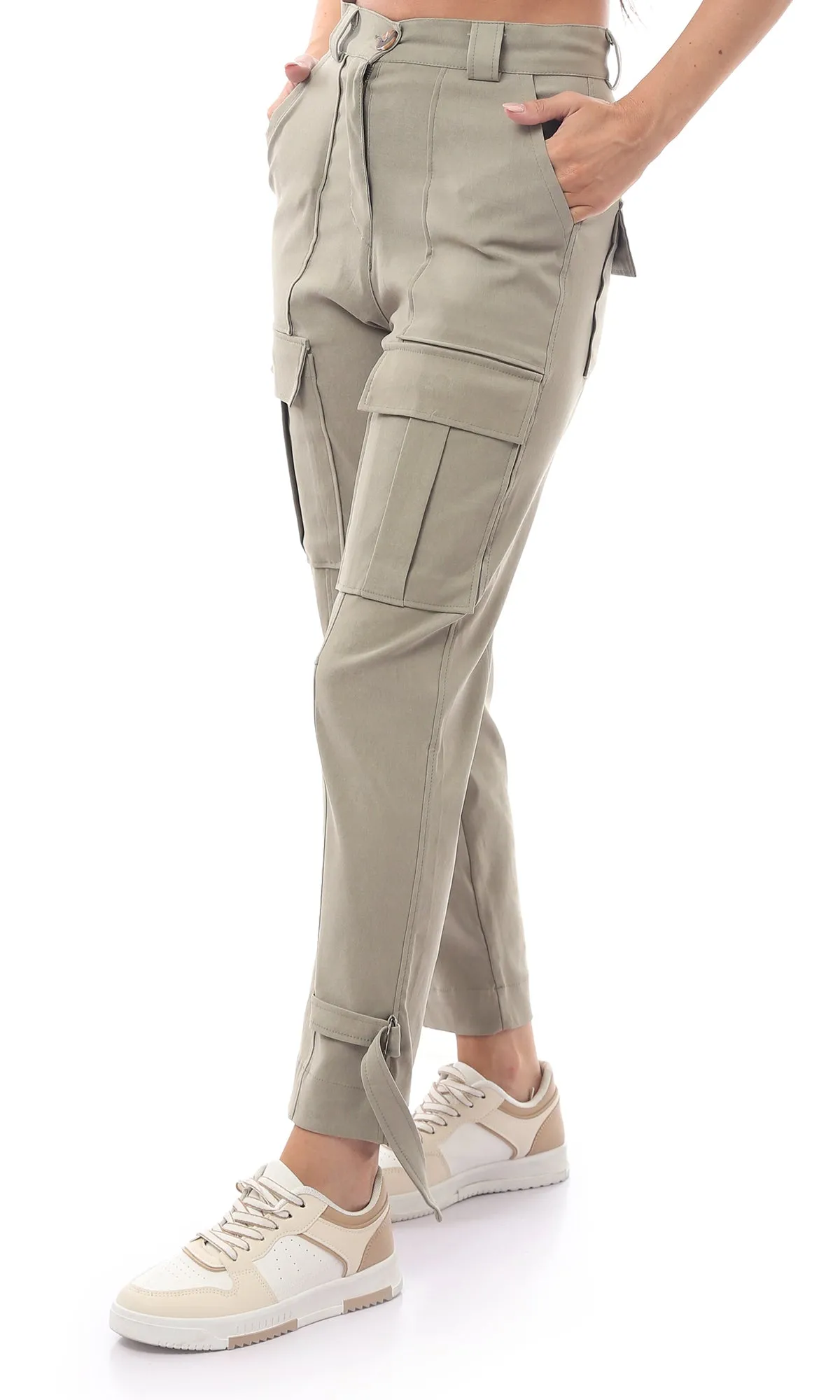 O168795 Olive Green Casual All Seasons Buttoned Trousers