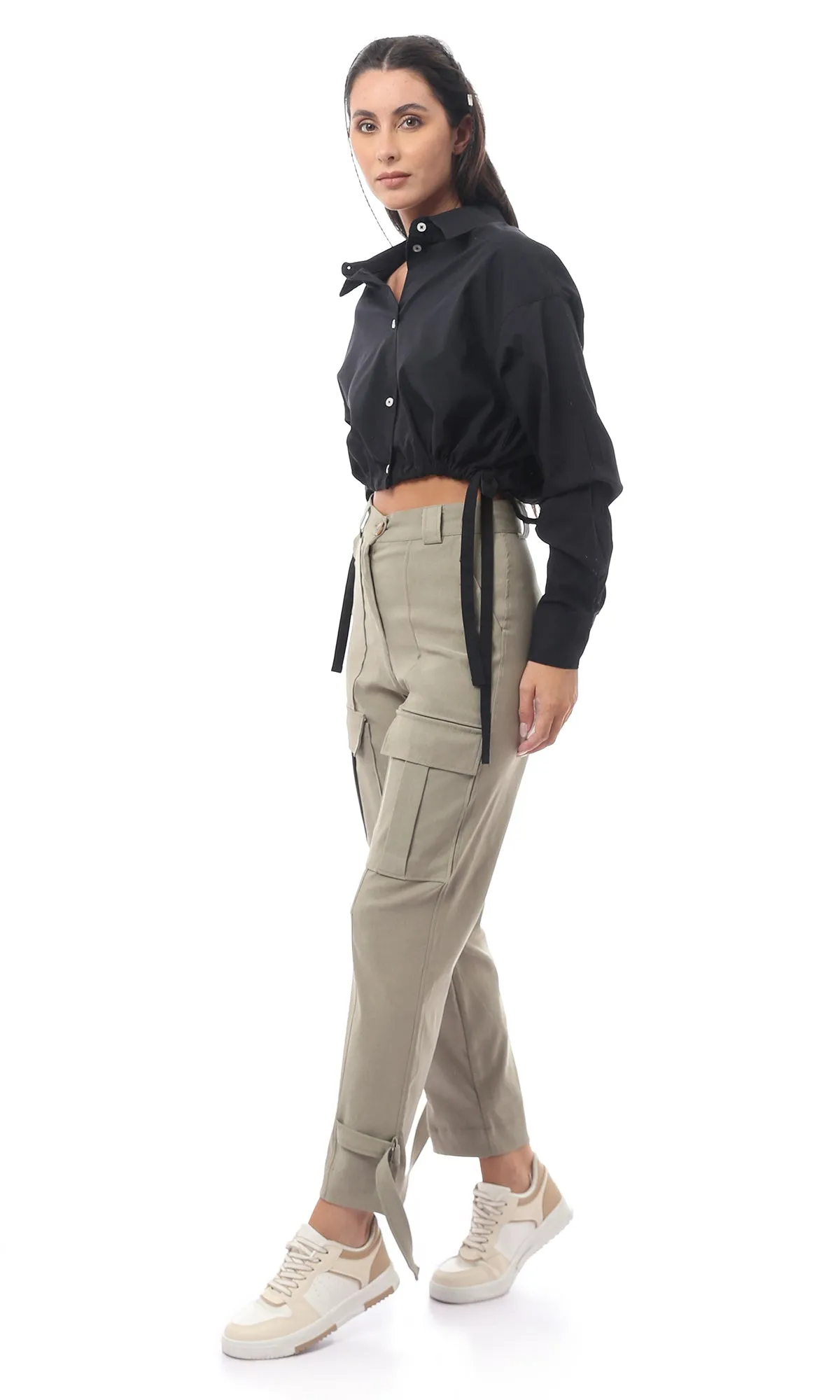 O168795 Olive Green Casual All Seasons Buttoned Trousers