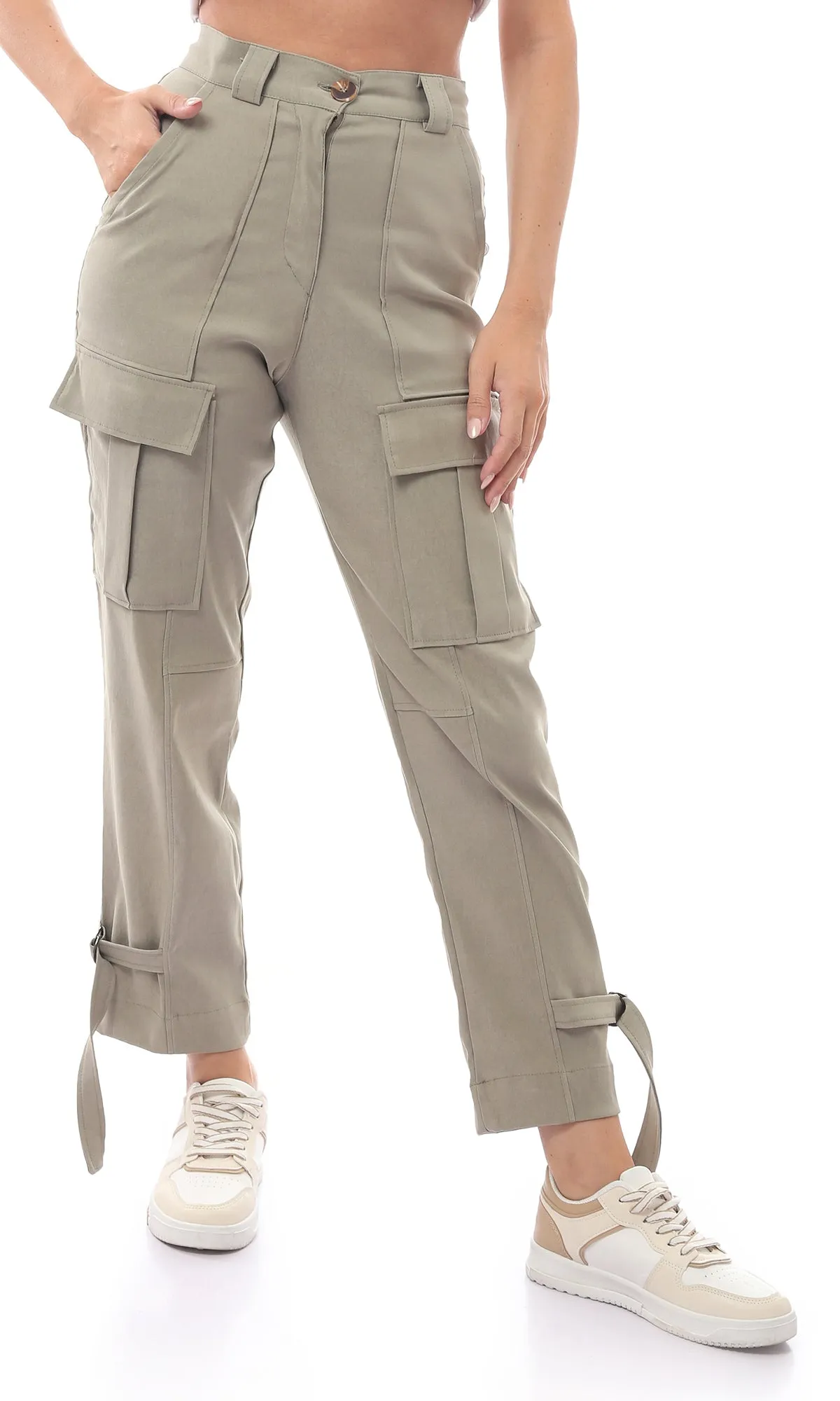 O168795 Olive Green Casual All Seasons Buttoned Trousers