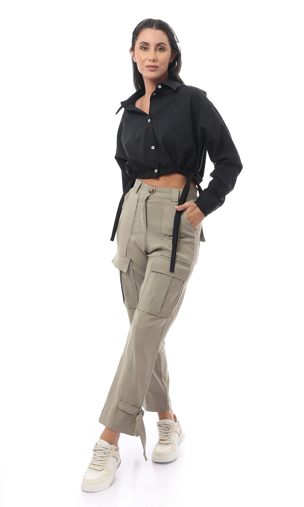 O168795 Olive Green Casual All Seasons Buttoned Trousers