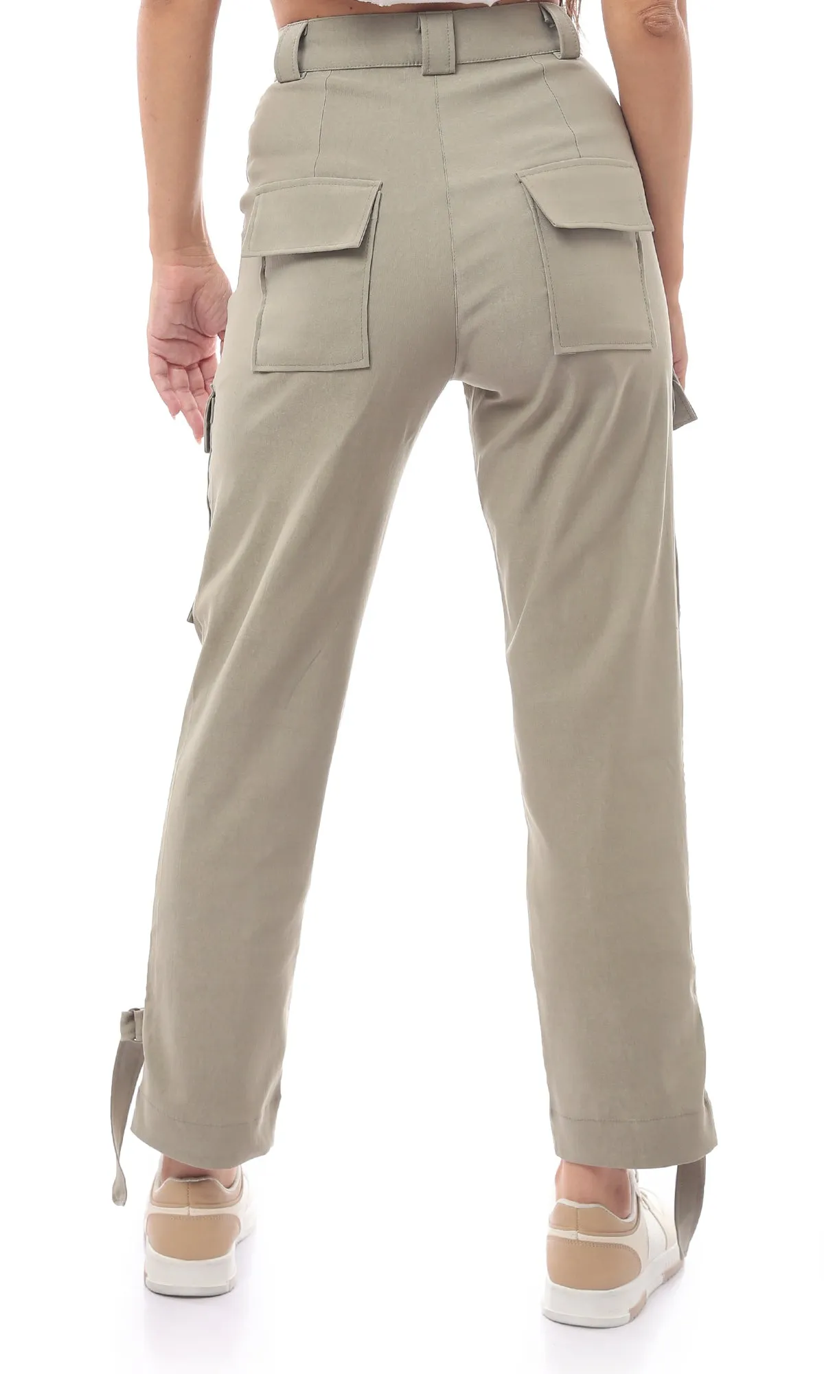 O168795 Olive Green Casual All Seasons Buttoned Trousers