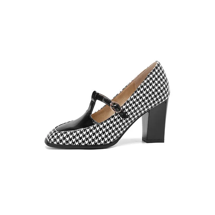 Women's T Strap Plaid Block Heels