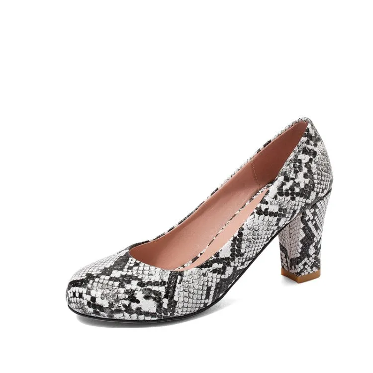 Women's Snake-printed Block High Heels Pumps