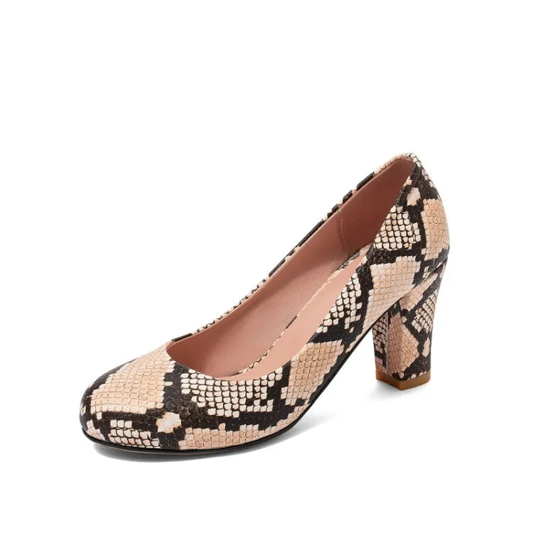 Women's Snake-printed Block High Heels Pumps