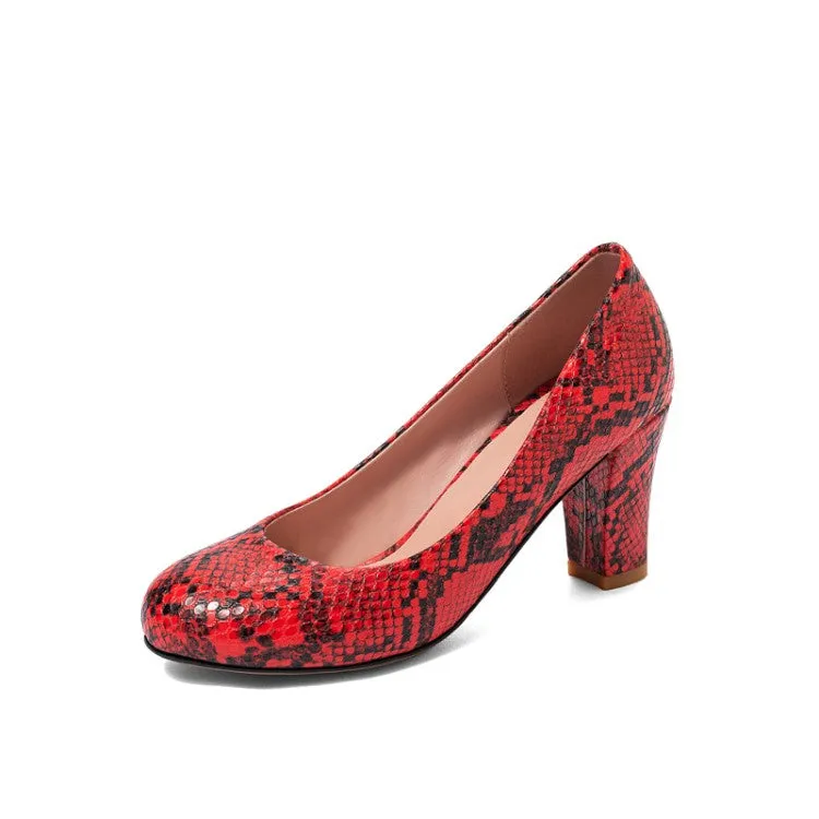 Women's Snake-printed Block High Heels Pumps