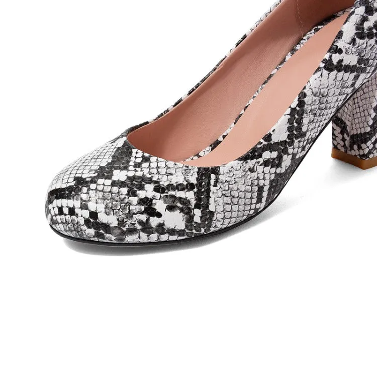 Women's Snake-printed Block High Heels Pumps