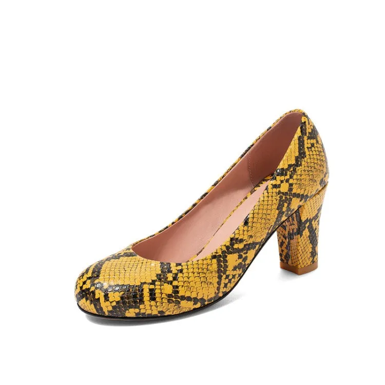 Women's Snake-printed Block High Heels Pumps